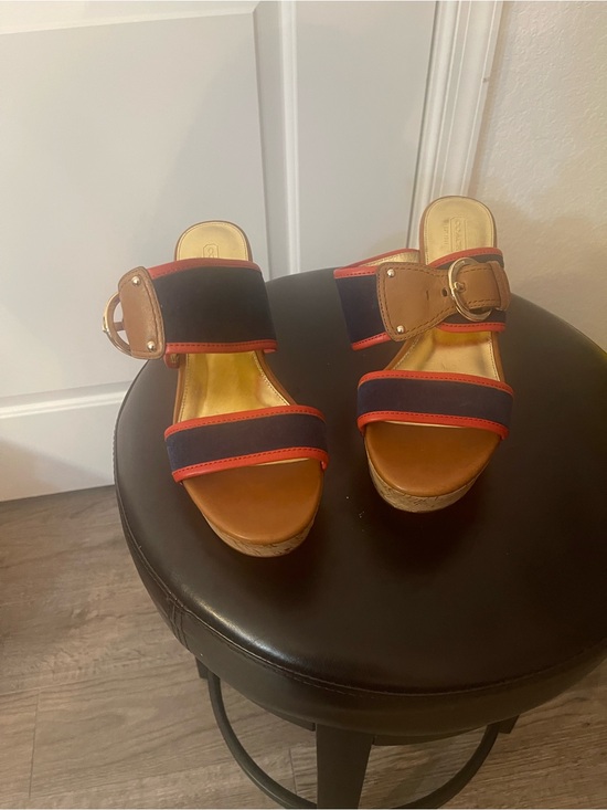 Coach Shoes - Coach Navy and Tan Wedge Sandals with Red Trim